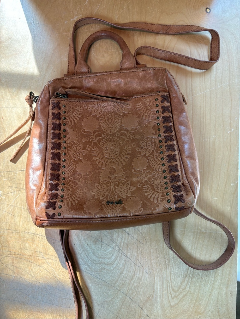 The Sak Brown Leather Small Backpack Crossbody Shoulder Top Handle Bag Floral